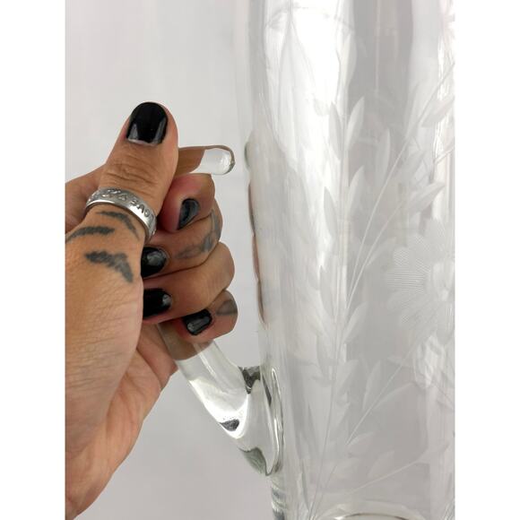 Vintage Mid Century Modern Floral Etched Tall Glass Pitcher 9" Hand Blown - Picture 8 of 13